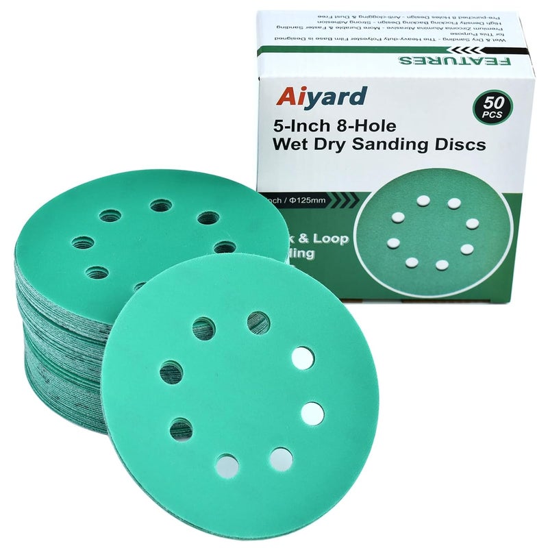 Aiyard 5-Inch 8-Hole Wet Dry Sanding Discs 400 Grit, Polyester Film Backed Heavy-Duty Hook and Loop Sandpaper for Random Orbital Sander, 50-Pack - Image 1